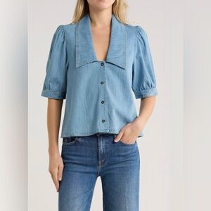 Avec Les Filles Sailor Collar Puff Sleeve Button-Up Chambray Shirt -M Light Wash